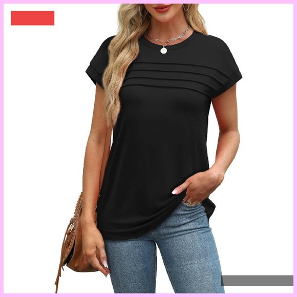 Women's Pleated Front Cap Sleeve Tee, Crew Neck Summer Top, Trendy Fashion - Picture 2 of 4